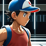 **A determined young trainer facing Brock in the Pewter City Gym:** Focus on the grit and determination of a young trainer, reminiscent of Ash Ketchum, facing the stoic and rock-solid Brock. Emphasize the rocky terrain of the gym and the contrast in their Pokémon types.