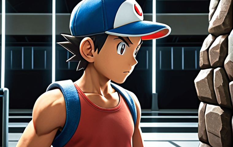 **A determined young trainer facing Brock in the Pewter City Gym:** Focus on the grit and determination of a young trainer, reminiscent of Ash Ketchum, facing the stoic and rock-solid Brock. Emphasize the rocky terrain of the gym and the contrast in their Pokémon types.