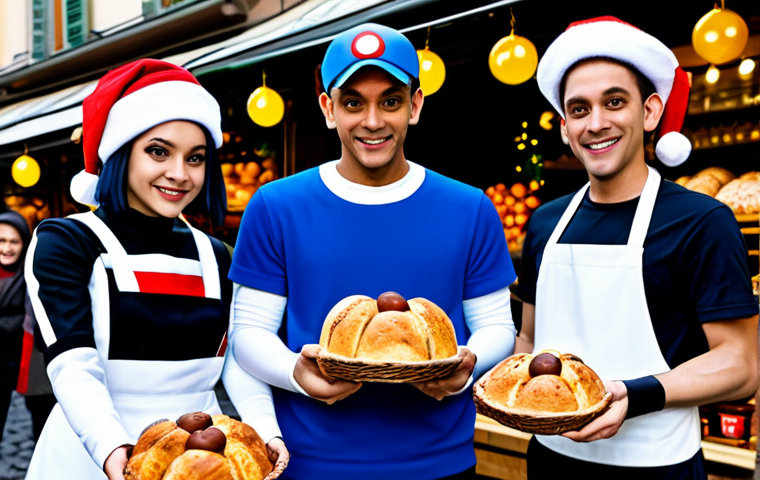 **

"Jessie, James, and Meowth of Team Rocket in a comical scene, fully clothed in their signature uniforms, appropriate attire, attempting to steal a basket of Panettone from a Christmas market in Milan, safe for work, perfect anatomy, correct proportions, natural pose, well-formed hands, proper finger count, vibrant colors, family-friendly, professional illustration, high detail."

**
