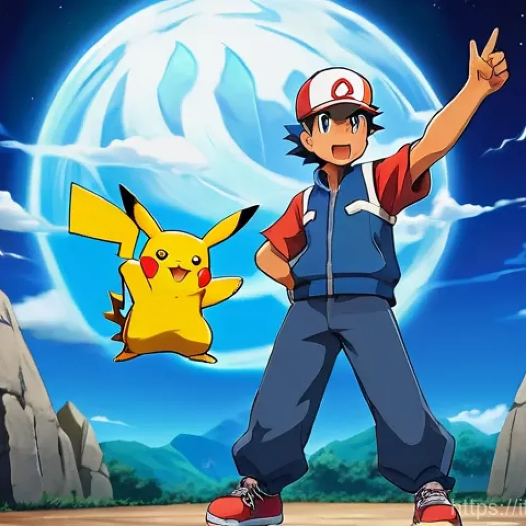 지우와 체육관 리더들의 대결 분석 - **Prompt:** A vibrant and dynamic illustration depicting a young Ash Ketchum, full of spirited impul...