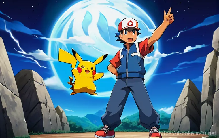 지우와 체육관 리더들의 대결 분석 - **Prompt:** A vibrant and dynamic illustration depicting a young Ash Ketchum, full of spirited impul...