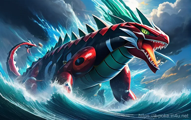 포켓몬스터 애니 속 등장한 최강의 전설 포켓몬 - **An epic, dynamic scene depicting Primal Groudon and Primal Kyogre clashing in a cataclysmic elemen...