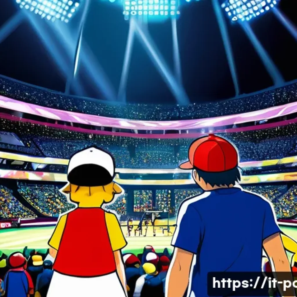 포켓몬스터 애니 주제곡과 OST 인기 순위 - A dynamic scene of an intense Pokémon battle set in a vibrant stadium filled with cheering fans unde...