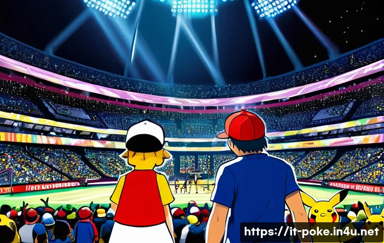 포켓몬스터 애니 주제곡과 OST 인기 순위 - A dynamic scene of an intense Pok&eacute;mon battle set in a vibrant stadium filled with cheering fans unde...