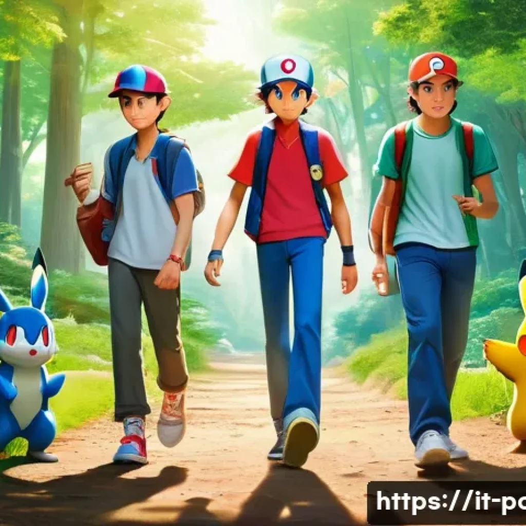 포켓몬스터 애니메이션의 인기 비결 - A dynamic scene of Ash Ketchum and his diverse group of companions standing on a vibrant forest path...
