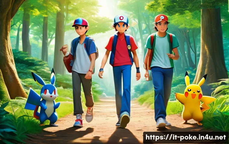 포켓몬스터 애니메이션의 인기 비결 - A dynamic scene of Ash Ketchum and his diverse group of companions standing on a vibrant forest path...