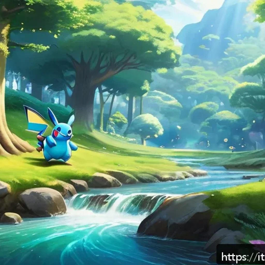 포켓몬스터 애니 속 생태계 묘사와 자연 보호 - A serene forest scene depicting diverse Pokémon species living in harmony with their natural habitat...