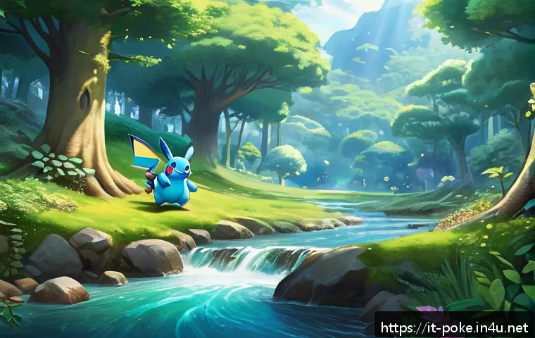 포켓몬스터 애니 속 생태계 묘사와 자연 보호 - A serene forest scene depicting diverse Pok&eacute;mon species living in harmony with their natural habitat...