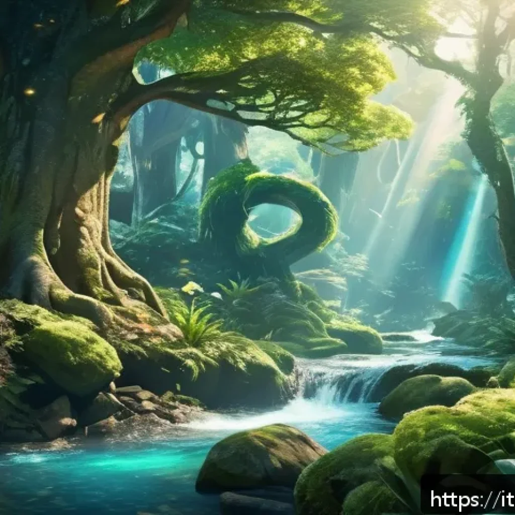 포켓몬스터 애니 속 이색적인 배틀 환경들 - A mystical enchanted forest battle scene featuring towering ancient trees with sunlight filtering th...