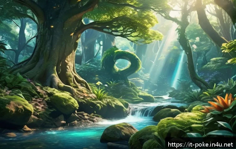 포켓몬스터 애니 속 이색적인 배틀 환경들 - A mystical enchanted forest battle scene featuring towering ancient trees with sunlight filtering th...