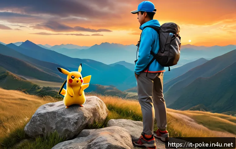 포켓몬스터 애니 속 주인공들의 성장 이야기 - A determined young trainer wearing practical, colorful clothing and a sturdy backpack, standing conf...