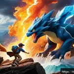 포켓몬스터 애니 속 주요 전투 방식 분석 - A dynamic Pok&eacute;mon battle scene set in a rocky mountainous terrain during a thunderstorm, featuring a...
