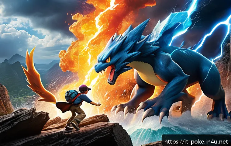 포켓몬스터 애니 속 주요 전투 방식 분석 - A dynamic Pok&eacute;mon battle scene set in a rocky mountainous terrain during a thunderstorm, featuring a...