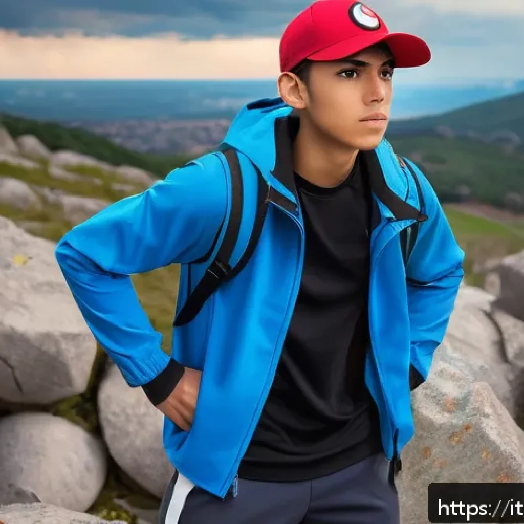 지우 사토시 의 성격과 트레이너로서의 성장 - A determined young male Pokémon trainer wearing a practical, sporty outfit with a jacket and sneaker...