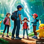 애니 속 포켓몬 간의 협동과 우정 - A vibrant scene depicting a diverse group of Pok&eacute;mon and their trainers collaborating to overcome a ...