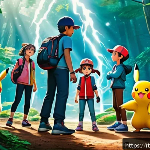 애니 속 포켓몬 간의 협동과 우정 - A vibrant scene depicting a diverse group of Pok&eacute;mon and their trainers collaborating to overcome a ...