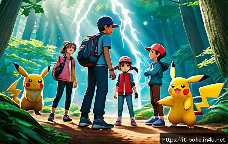 애니 속 포켓몬 간의 협동과 우정 - A vibrant scene depicting a diverse group of Pok&eacute;mon and their trainers collaborating to overcome a ...