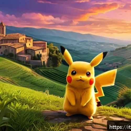 포켓몬스터 애니 극장판 흥행작 리뷰 - A vibrant cinematic scene depicting Ash and Pikachu standing together on a lush, detailed Italian co...