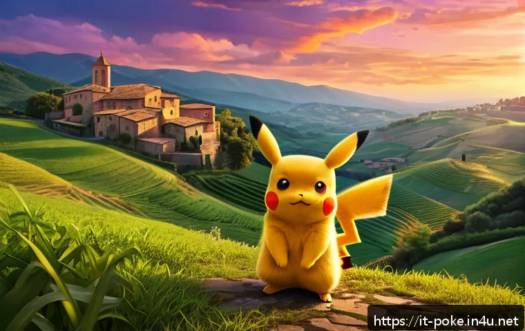 포켓몬스터 애니 극장판 흥행작 리뷰 - A vibrant cinematic scene depicting Ash and Pikachu standing together on a lush, detailed Italian co...