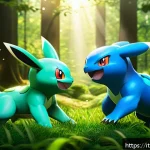 포켓몬스터 애니 속 배틀에서의 전술 - A dynamic battle scene featuring a diverse Pok&eacute;mon team combining Water and Grass types, strategical...