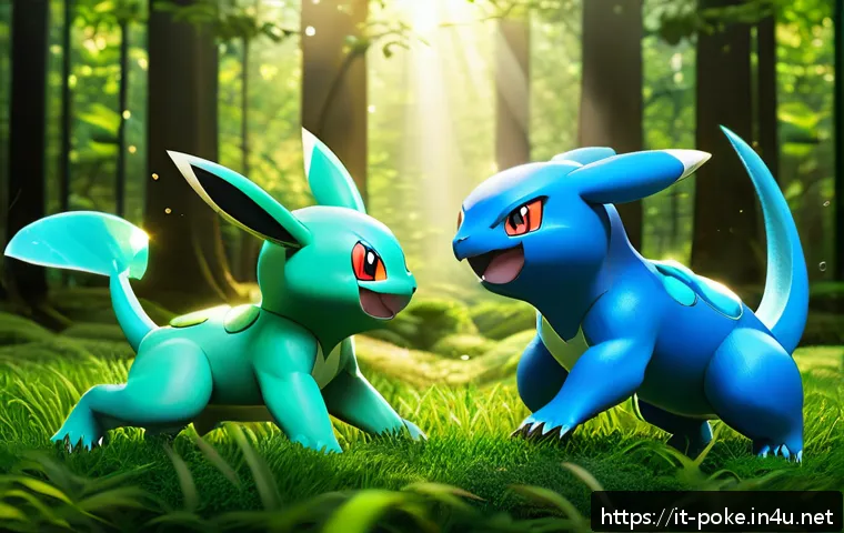 포켓몬스터 애니 속 배틀에서의 전술 - A dynamic battle scene featuring a diverse Pok&eacute;mon team combining Water and Grass types, strategical...