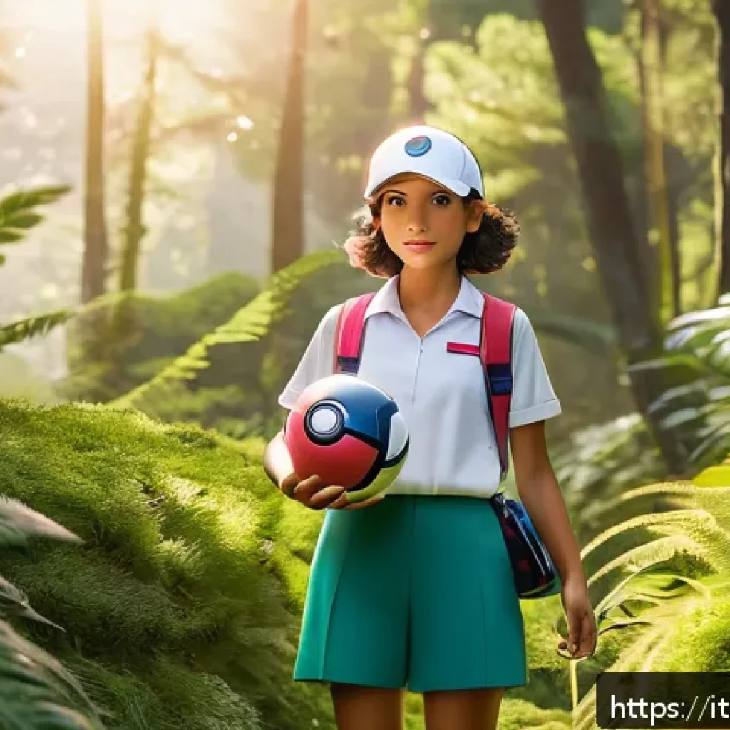 포켓몬스터 애니 속 히로인의 역할 변화 - A confident female Pokémon trainer standing in a lush forest clearing during golden hour, wearing st...