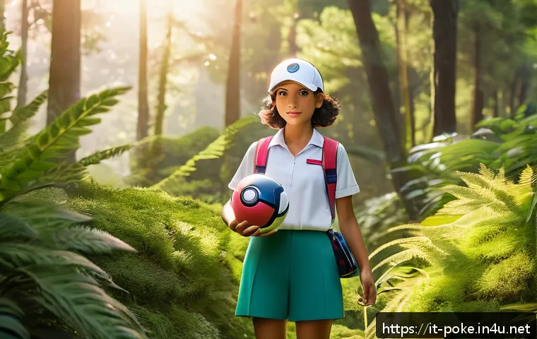 포켓몬스터 애니 속 히로인의 역할 변화 - A confident female Pok&eacute;mon trainer standing in a lush forest clearing during golden hour, wearing st...